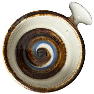 Vtg FRED EVANGEL Stoneware Art Pottery Bowl w Handle Soup Interior Blue Swirl 5"